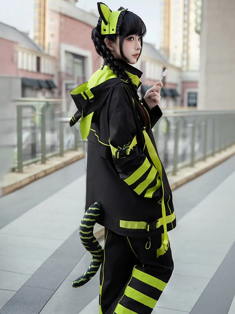 Black and Chartreuse Futuristic Cyber Fashion Techwear Outfit - Windbreaker Baggy Jacket   Shorts/Pants   Leg Warmers Full Set
