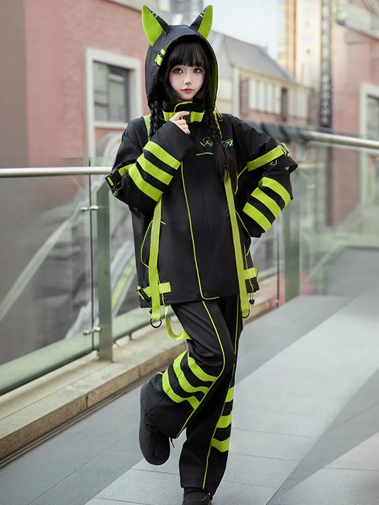 Black and Chartreuse Futuristic Cyber Fashion Techwear Outfit - Windbreaker Baggy Jacket   Shorts/Pants   Leg Warmers Full Set