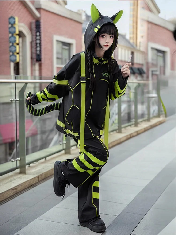 Black and Chartreuse Futuristic Cyber Fashion Techwear Outfit - Windbreaker Baggy Jacket   Shorts/Pants   Leg Warmers Full Set