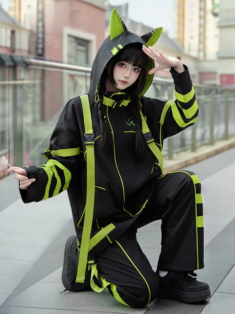 Black and Chartreuse Futuristic Cyber Fashion Techwear Outfit - Windbreaker Baggy Jacket   Shorts/Pants   Leg Warmers Full Set