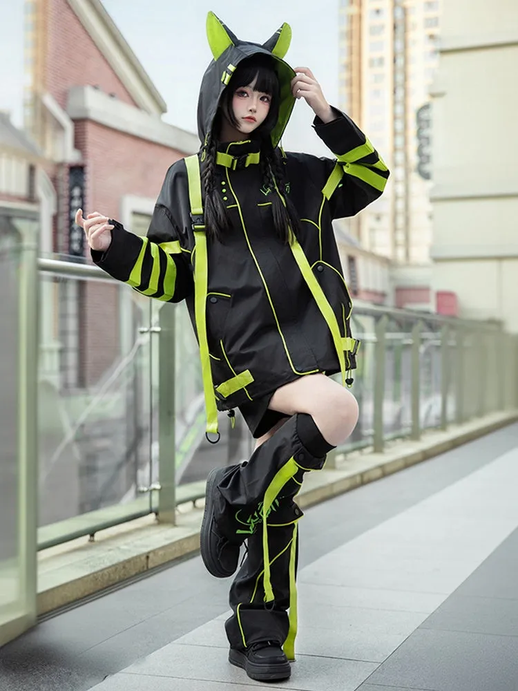 Black and Chartreuse Futuristic Cyber Fashion Techwear Outfit - Windbreaker Baggy Jacket   Shorts/Pants   Leg Warmers Full Set