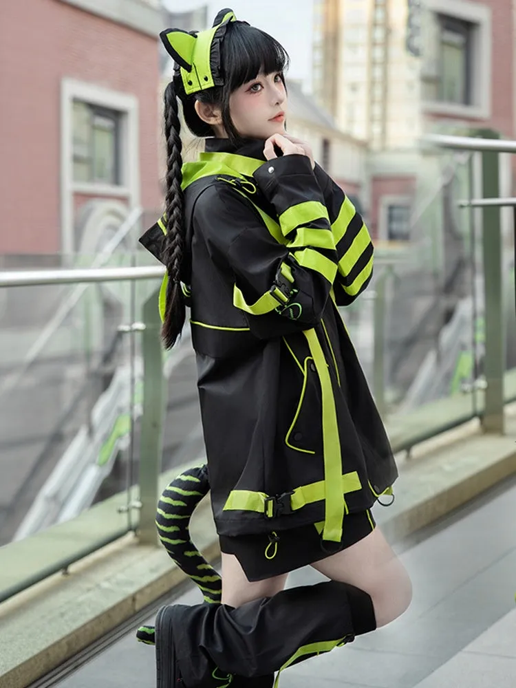 Black and Chartreuse Futuristic Cyber Fashion Techwear Outfit - Windbreaker Baggy Jacket   Shorts/Pants   Leg Warmers Full Set