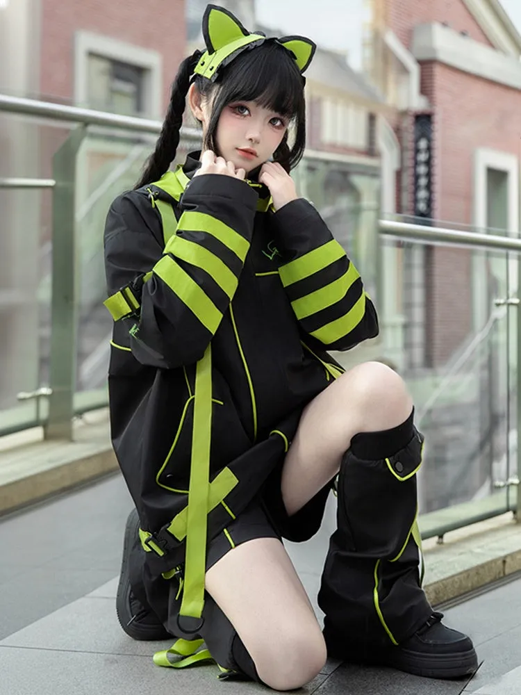 Black and Green Futuristic Techwear Landmine Style Straight-leg Shorts   Flared Leg Warmers
