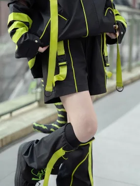 Black and Green Futuristic Techwear Landmine Style Straight-leg Shorts   Flared Leg Warmers