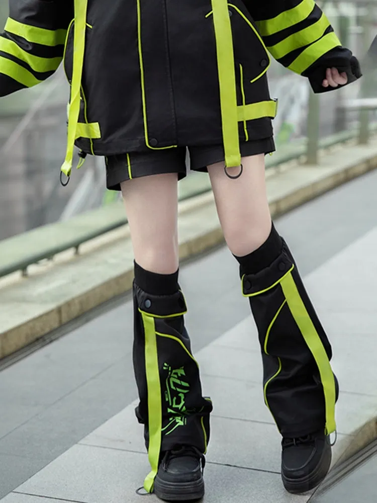 Black and Green Futuristic Techwear Landmine Style Straight-leg Shorts   Flared Leg Warmers