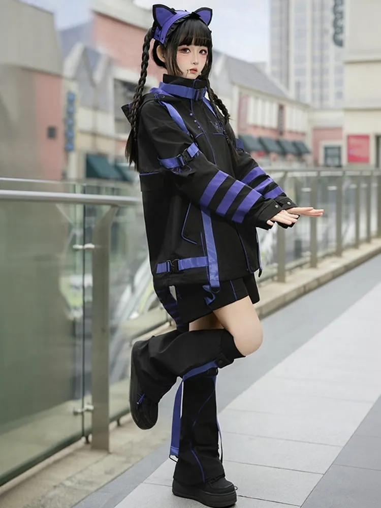 Black and Purple Futuristic Techwear Landmine Style Straight-leg Shorts   Flared Leg Warmers