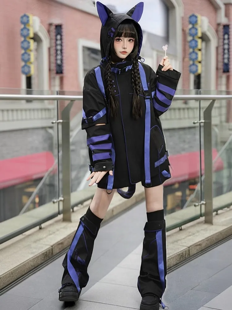 Black and Purple Futuristic Techwear Landmine Style Straight-leg Shorts   Flared Leg Warmers