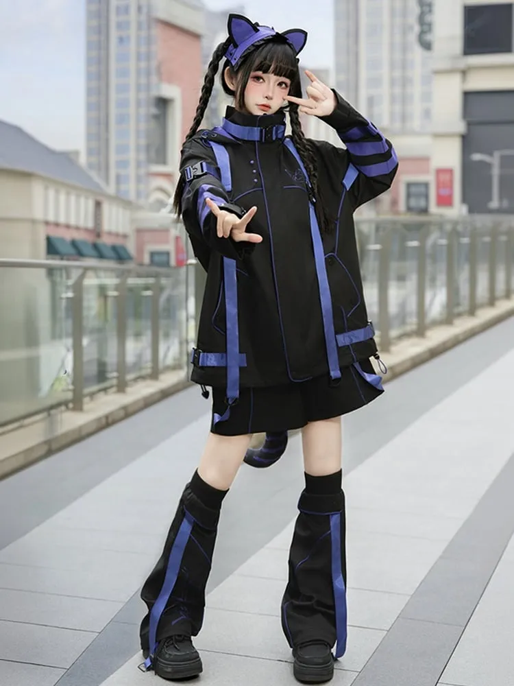 Black and Purple Futuristic Techwear Landmine Style Straight-leg Shorts   Flared Leg Warmers