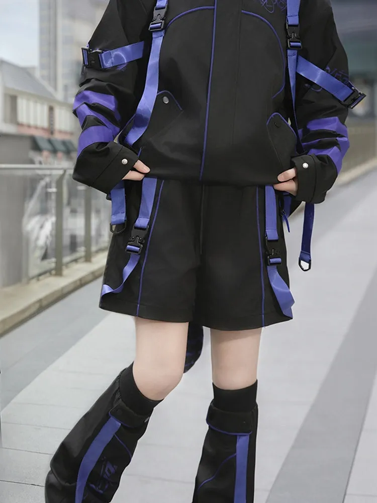 Black and Purple Futuristic Techwear Landmine Style Straight-leg Shorts   Flared Leg Warmers