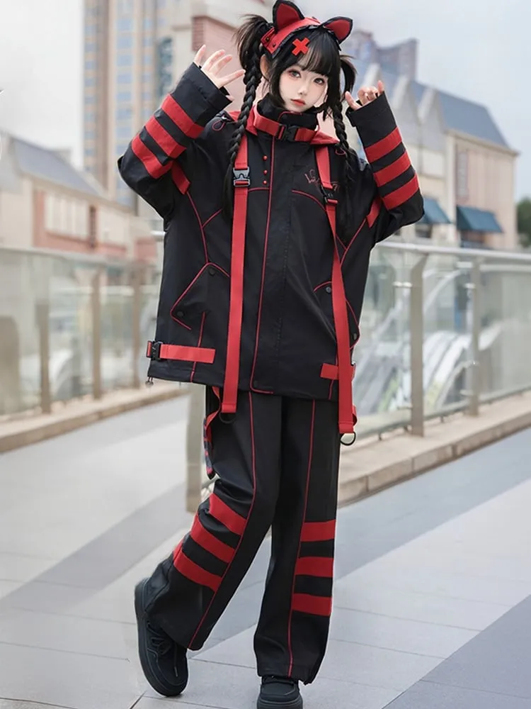 Black and Red Futuristic Techwear Jirai Kei Outfit Windbreaker Jacket  Shorts Leg Warmers Full Set