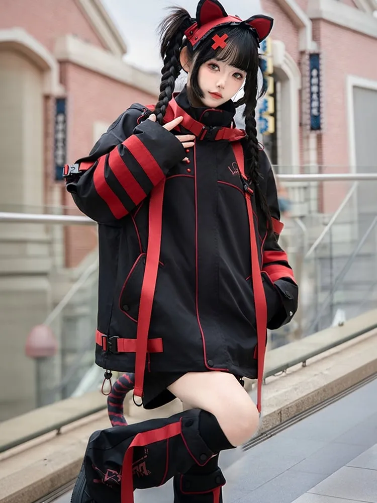 Black and Red Futuristic Techwear Jirai Kei Outfit Windbreaker Jacket  Shorts Leg Warmers Full Set