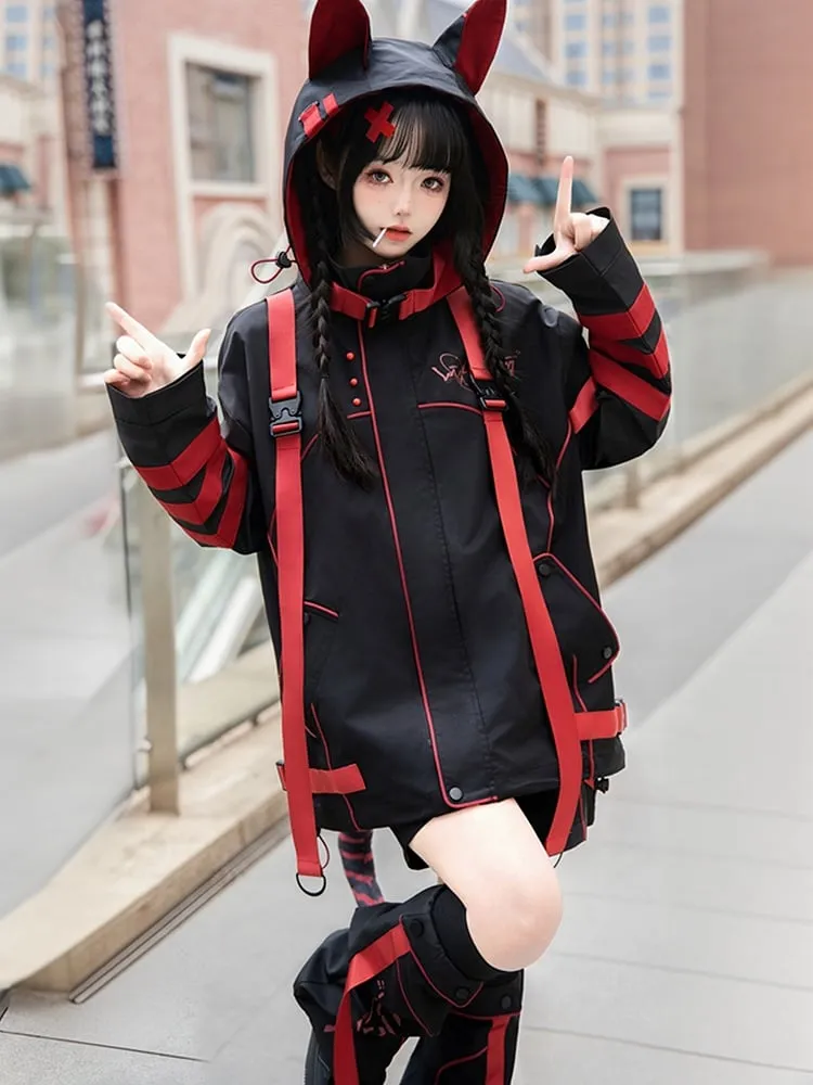 Black and Red Futuristic Techwear Jirai Kei Outfit Windbreaker Jacket  Shorts Leg Warmers Full Set