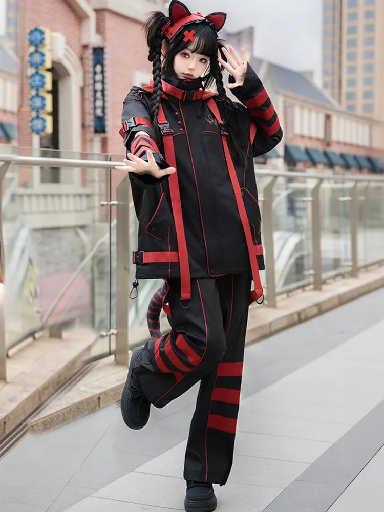 Black and Red Futuristic Techwear Jirai Kei Outfit Windbreaker Jacket  Shorts Leg Warmers Full Set