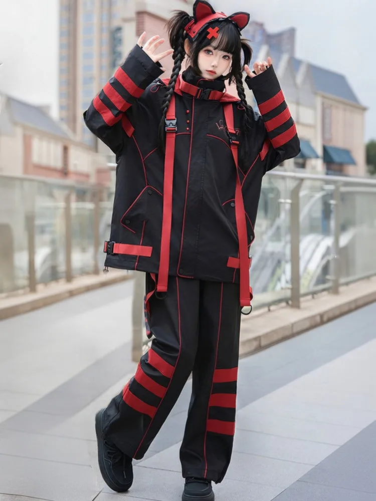 Black and Red Striped Futuristic Cyber Fashion Outfit - Windbreaker Jacket   Shorts/Pants   Leg Warmers Full Set