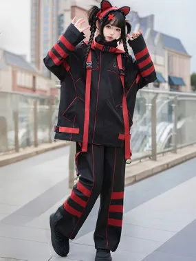 Black and Red Striped Futuristic Cyber Fashion Outfit - Windbreaker Jacket   Shorts/Pants   Leg Warmers Full Set