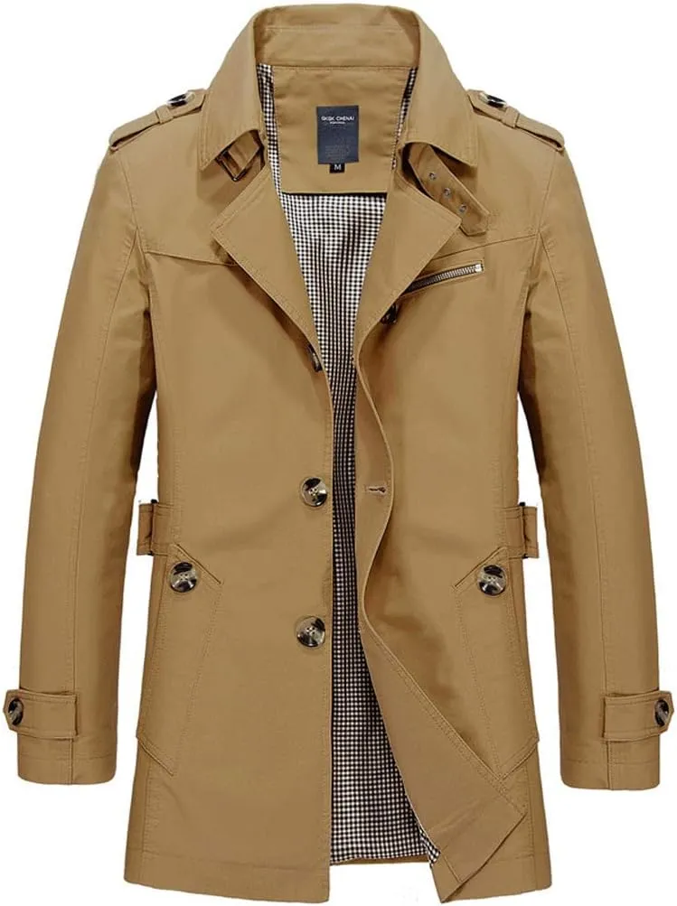 Dark Green Men's Windbreaker Notched Lapel Trench Coat
