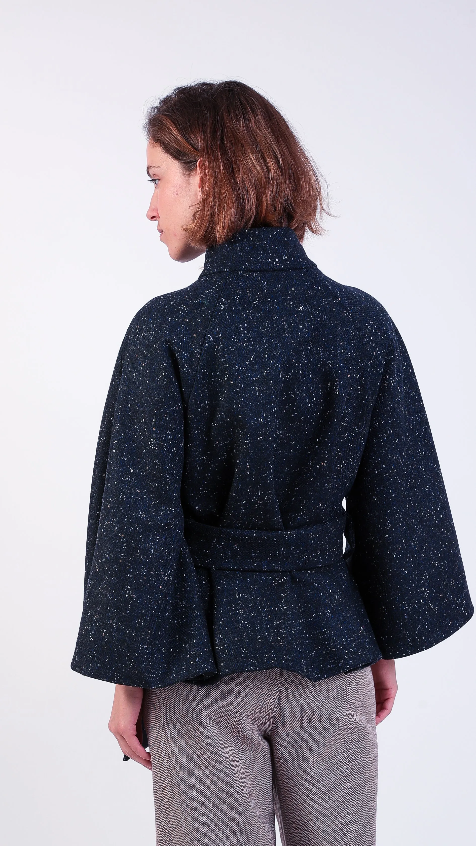 Ruby Scallop Wool Cape Kimono Coat Navy