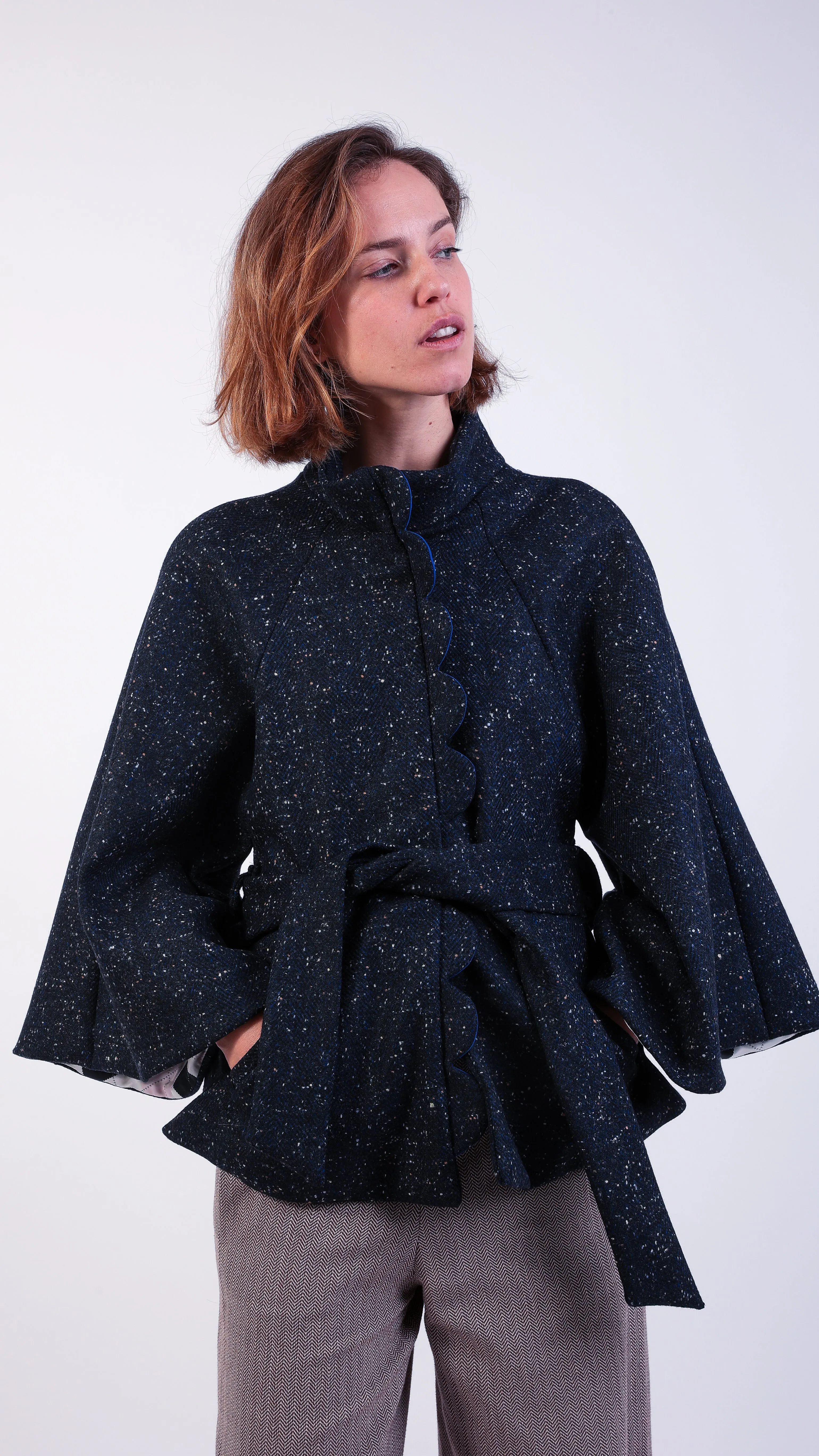 Ruby Scallop Wool Cape Kimono Coat Navy