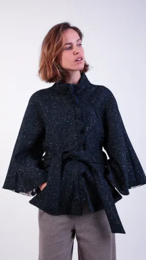 Ruby Scallop Wool Cape Kimono Coat Navy