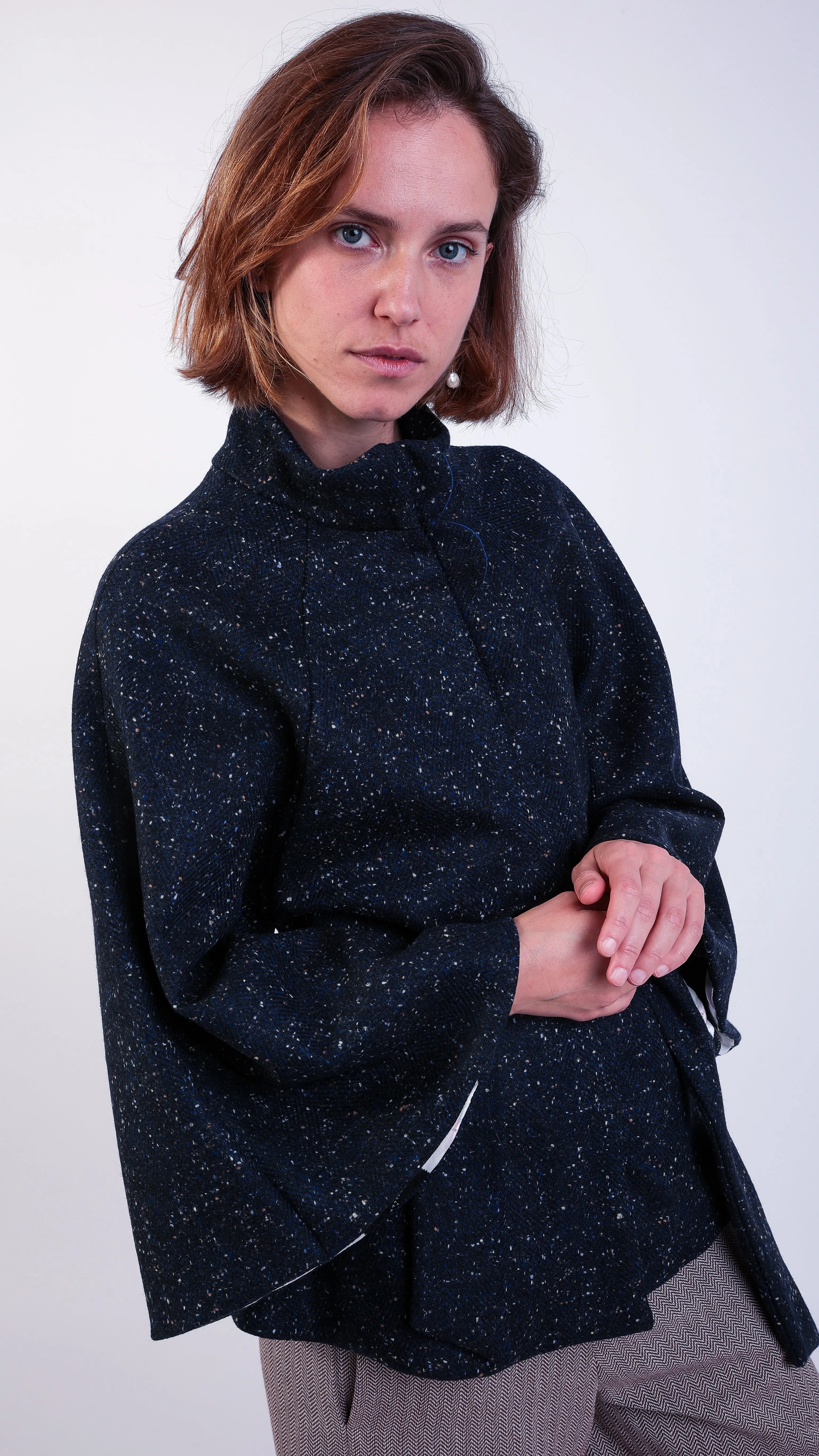 Ruby Scallop Wool Cape Kimono Coat Navy