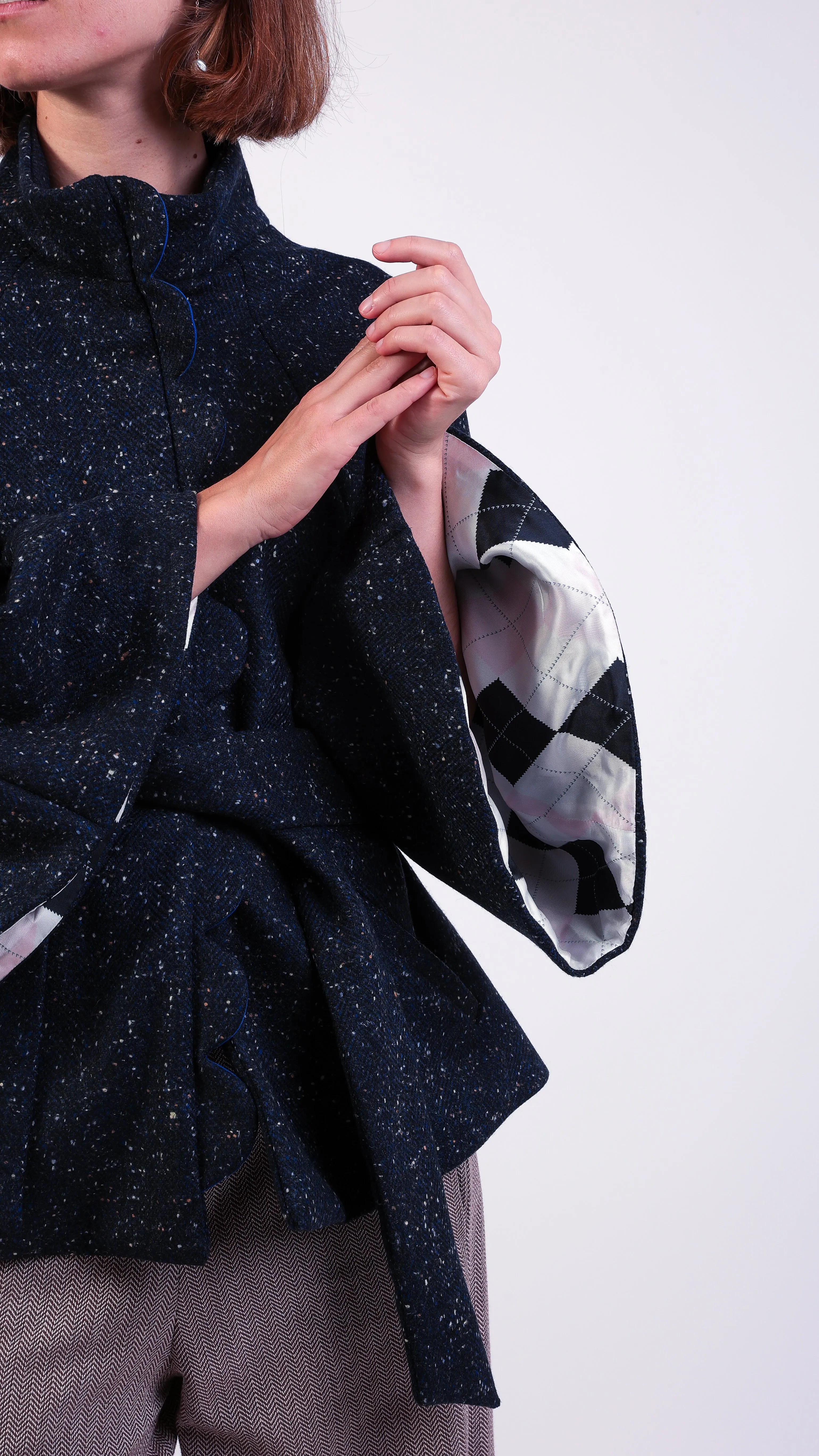 Ruby Scallop Wool Cape Kimono Coat Navy