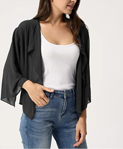 Women's Chiffon Solid Open Blazer Cardigan Jacket for Sunday Black 2X-Large