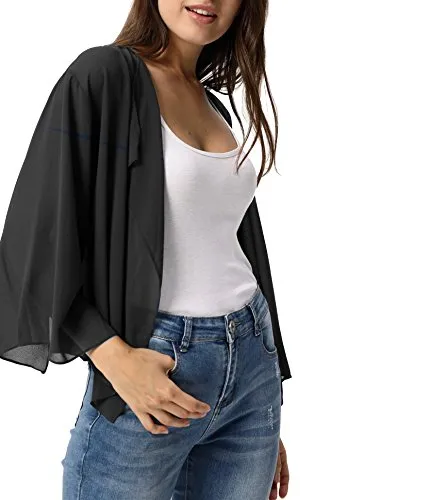 Women's Chiffon Solid Open Blazer Cardigan Jacket for Sunday Black 2X-Large
