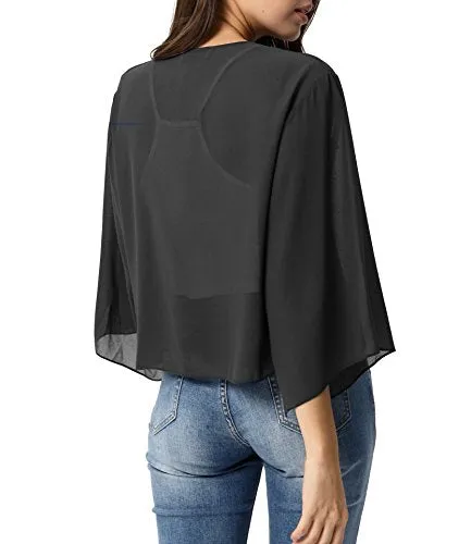 Women's Chiffon Solid Open Blazer Cardigan Jacket for Sunday Black 2X-Large