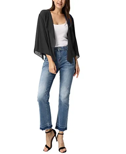Women's Chiffon Solid Open Blazer Cardigan Jacket for Sunday Black 2X-Large